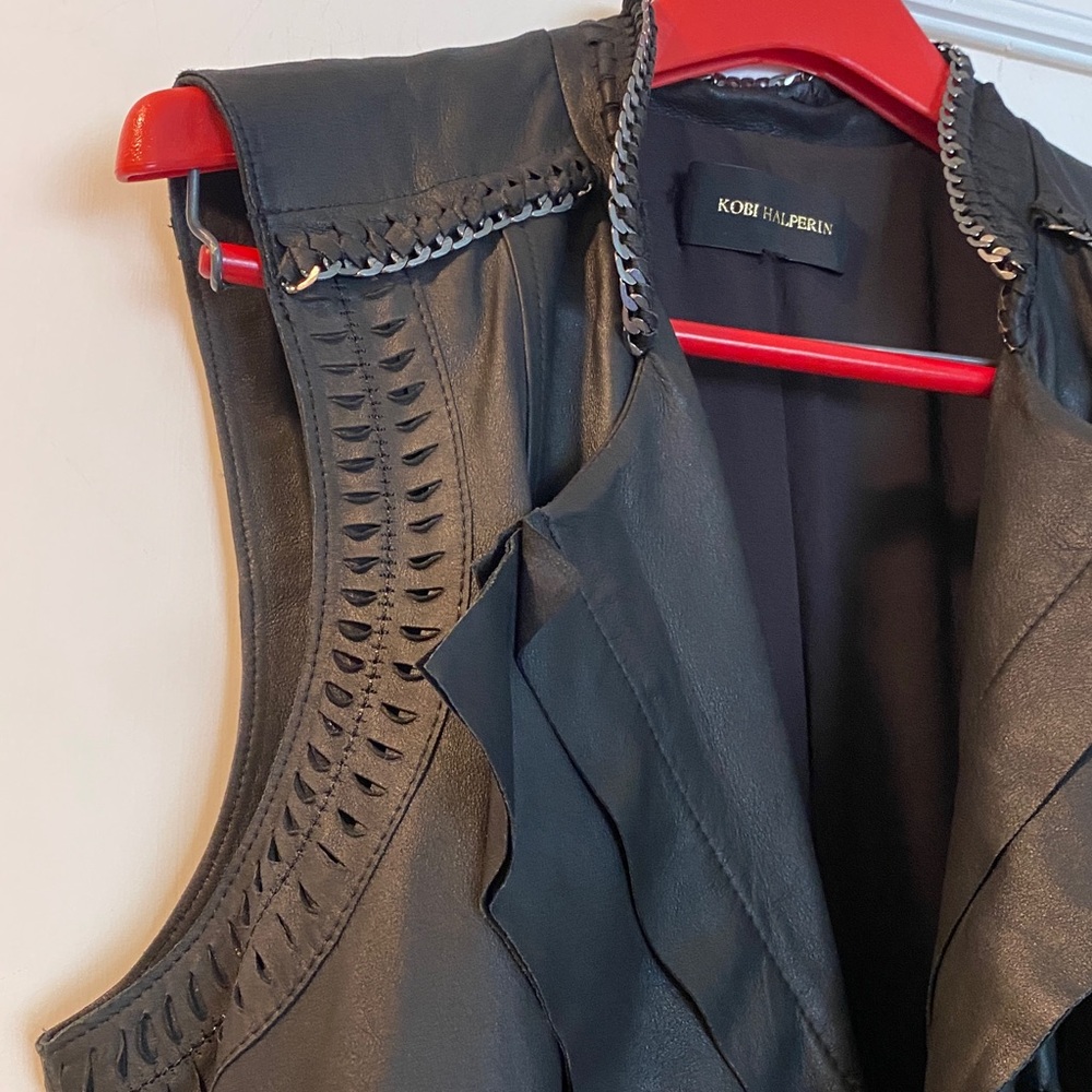 Kobi Halperin 💯Genuine Leather Black Silver Chain Full Zip Ruffled Vest - Picture 16 of 16